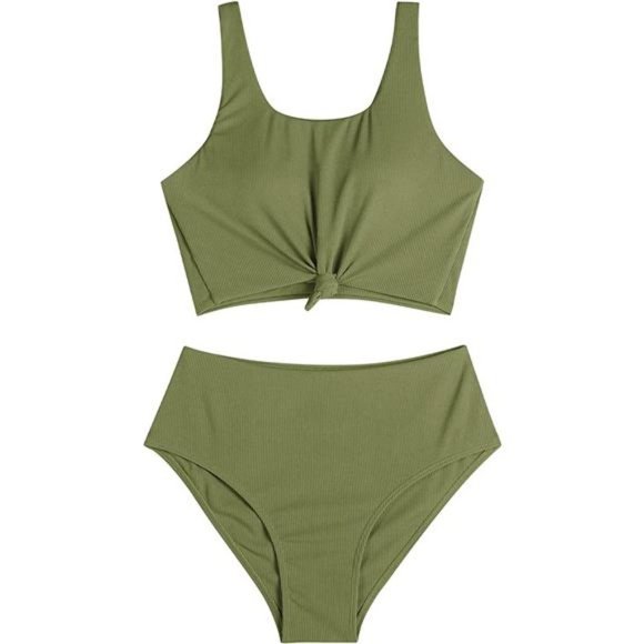 WOMEN'S High Waisted Tankini Knotted Set Swimsuit, olive Green - Picture 2 of 6